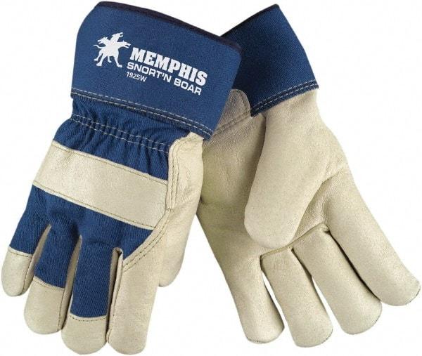 MCR Safety - Size L Pigskin General Protection Work Gloves - For Work & Driver, Uncoated, Safety Cuff, Cream/Blue, Paired - Top Tool & Supply