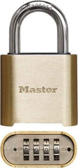 Master Lock - 2" Body Width x 3" Body Height, 1" Shackle Clearance, Brass Finish Combination Lock - 5/16" Shackle Diam, 1" Shackle Width, Set Your Own 4 Digit Combination - Top Tool & Supply