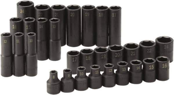 SK - 30 Piece 1/2" Drive Standard Deep Impact Socket Set - 6 Points, 8 to 24mm, Metric Measurement Standard - Top Tool & Supply