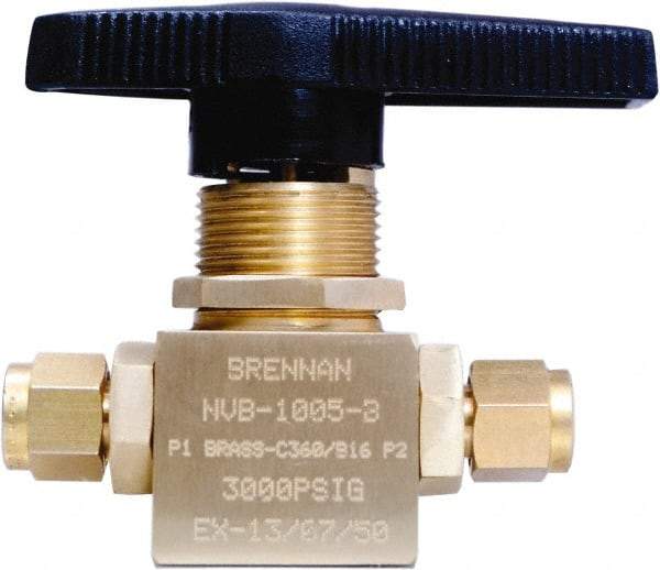 Brennan - 1/4" Pipe, Tube End Connections, Brass, Inline, Two Way Flow, Instrumentation Ball Valve - 3,000 psi WOG Rating, Nylon Handle, PTFE Seal, PFA Seat, Swaglok B-42S4 - Top Tool & Supply