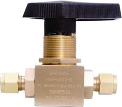 Brennan - 3/8" Pipe, Tube End Connections, Brass, Inline, Two Way Flow, Instrumentation Ball Valve - 3,000 psi WOG Rating, Nylon Handle, PTFE Seal, PFA Seat, Swaglok B-44S6 - Top Tool & Supply