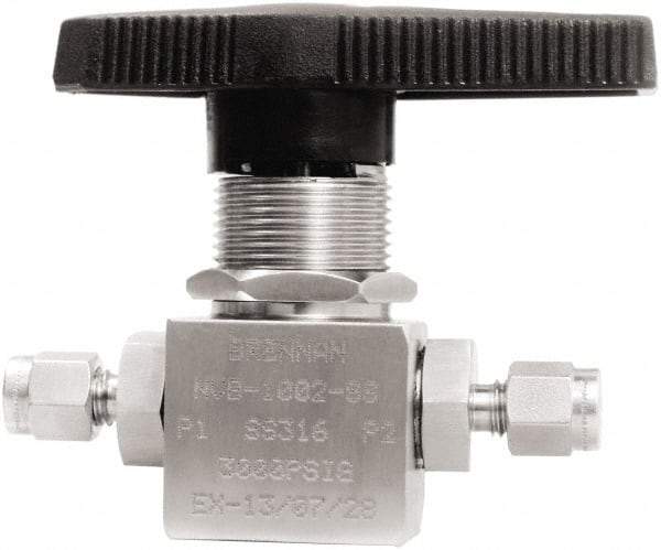 Brennan - 1/8" Pipe, Tube End Connections, Stainless Steel, Inline, Two Way Flow, Instrumentation Ball Valve - 3,000 psi WOG Rating, Nylon Handle, PTFE Seal, PFA Seat, Swaglok SS-41GS2 - Top Tool & Supply