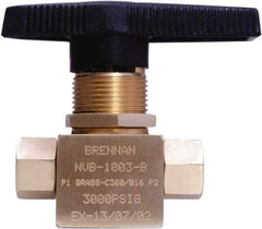 Brennan - 1/8" Pipe, NPT End Connections, Brass, Inline, Two Way Flow, Instrumentation Ball Valve - 3,000 psi WOG Rating, Nylon Handle, PTFE Seal, PFA Seat, Swaglok B-42F2 - Top Tool & Supply