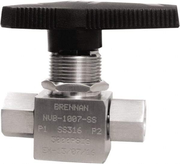 Brennan - 1/4" Pipe, NPT End Connections, Stainless Steel, Inline, Two Way Flow, Instrumentation Ball Valve - 3,000 psi WOG Rating, Nylon Handle, PTFE Seal, PFA Seat, Swaglok SS-43GEF4 - Top Tool & Supply