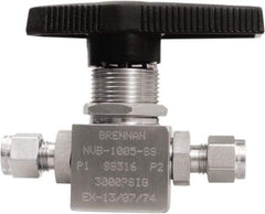 Brennan - 1/4" Pipe, Tube End Connections, Stainless Steel, Inline, Two Way Flow, Instrumentation Ball Valve - 3,000 psi WOG Rating, Nylon Handle, PTFE Seal, PFA Seat, Swaglok SS-42GS4 - Top Tool & Supply