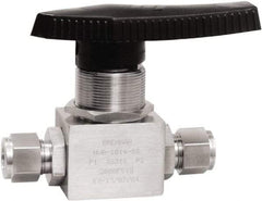 Brennan - 1/2" Pipe, Tube End Connections, Stainless Steel, Inline, Two Way Flow, Instrumentation Ball Valve - 3,000 psi WOG Rating, Nylon Handle, PTFE Seal, PFA Seat, Swaglok SS-45S8 - Top Tool & Supply