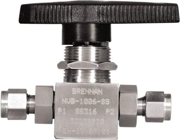 Brennan - 1/4" Pipe, Tube End Connections, Stainless Steel, Inline, Two Way Flow, Instrumentation Ball Valve - 3,000 psi WOG Rating, Nylon Handle, PTFE Seal, PFA Seat, Swaglok SS-43GS4 - Top Tool & Supply