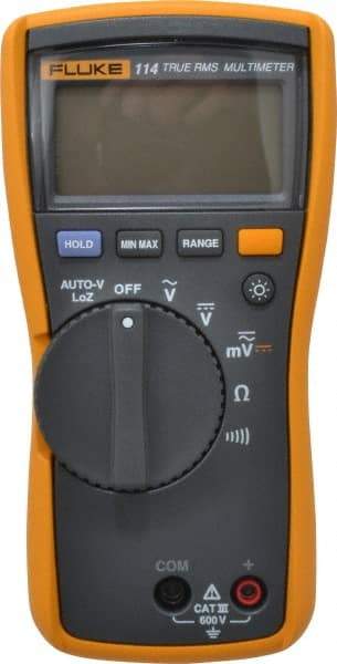 Fluke - 114, CAT III, 600 VAC/VDC, Digital True RMS Auto Ranging Manual Ranging Multimeter - 40 mOhm, Measures Voltage, Capacitance, Current, Resistance - Top Tool & Supply