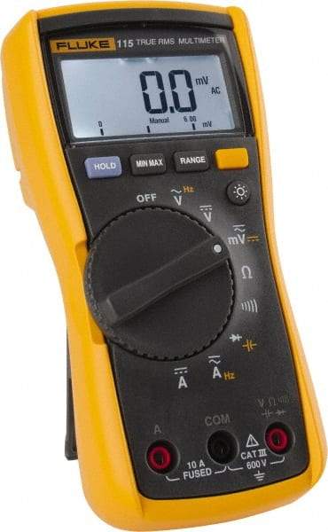 Fluke - 115, CAT III, 600 VAC/VDC, Digital True RMS Auto Ranging Manual Ranging Multimeter - 40 mOhm, Measures Voltage, Capacitance, Current, Frequency, Resistance - Top Tool & Supply