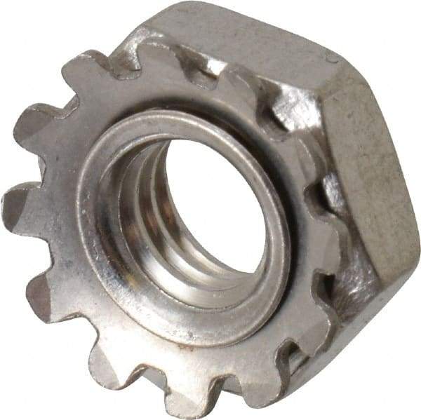 Value Collection - #10-32, 5/32" High, Uncoated, Stainless Steel Hex Nut with External Tooth Washer - 13/32" Washer Diam, 3/8" Width Across Flats, Grade 18-8 - Top Tool & Supply