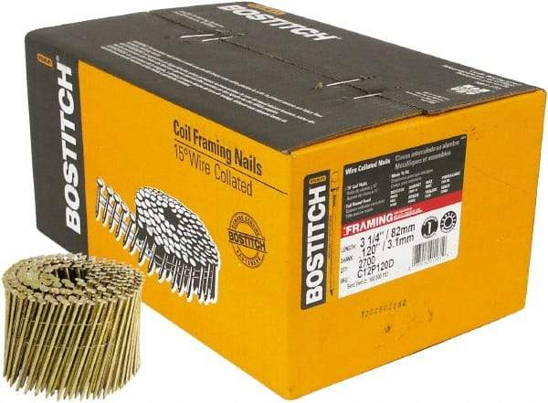 Stanley Bostitch - 11 Gauge 0.12" Shank Diam 3-1/4" Long Framing Nails for Power Nailers - Steel, Yellow Zinc Finish, Smooth Shank, Coil Wire Collation, Round Head, Diamond Point - Top Tool & Supply