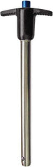 Monroe Engineering Products - 9/16" Diam, 4" Usable Length, T Handle, Push Button Quick Release Pin - 5-1/8" OAL, Grade 4140 Steel, Zinc-Plated Finish - Top Tool & Supply