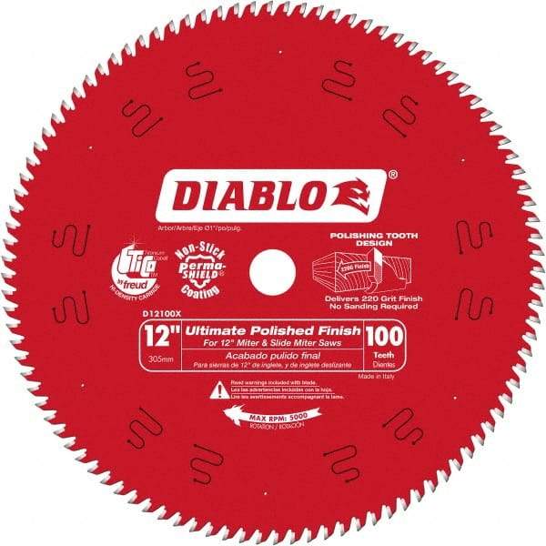 Freud - 12" Diam, 1" Arbor Hole Diam, 100 Tooth Wet & Dry Cut Saw Blade - Carbide-Tipped, Fine Finishing Action, Standard Round Arbor - Top Tool & Supply