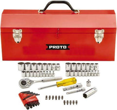 Proto - 65 Piece 1/4 & 3/8" Drive Standard Socket Set - 6 & 12 Points, 1/4 to 5/8", 4 to 17mm, Inch/Metric Measurement Standard - Top Tool & Supply