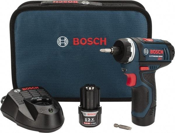 Bosch - 12 Volts, Lithium-Ion Battery, 1/4 Inch Keyless Chuck, Pistol Grip Cordless Drill - 600 RPM, 265 Inch/Lbs. Torque, 2 Speed, Reversible, Includes (2) Lithium-Ion 12V Max Batteries, 30 Minute Charger, Carrying Case - Top Tool & Supply