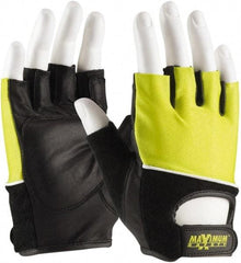 PIP - Size L Sheepskin/Cotton/Nylon General Protection Work Gloves - For Mechanic's & Lifting, Uncoated, Hook & Loop Cuff, Half Fingered, Black/Yellow, Paired - Top Tool & Supply