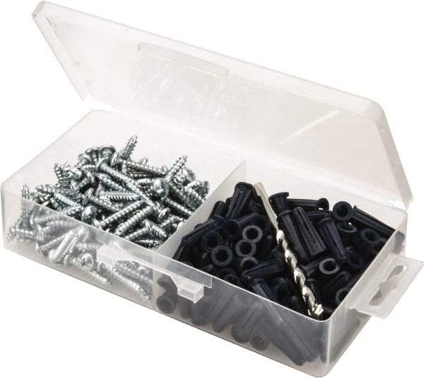 Value Collection - 200 Piece, #10 to 12 Screw, Plastic & Steel Slotted/Phillips Drive Anchor Assortment - Zinc Plated, 1" Long - Top Tool & Supply