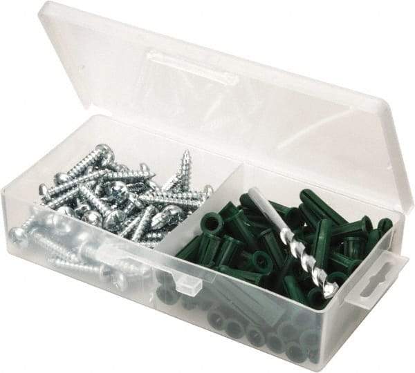 Value Collection - 100 Piece, #14 to 16 Screw, Plastic & Steel Slotted/Phillips Drive Anchor Assortment - Zinc Plated, 1-1/2" Long - Top Tool & Supply