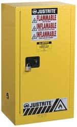 Justrite - 1 Door, 1 Shelf, Yellow Steel Space Saver Safety Cabinet for Flammable and Combustible Liquids - 44" High x 23-1/4" Wide x 18" Deep, Self Closing Door, 15 Gal Capacity - Top Tool & Supply