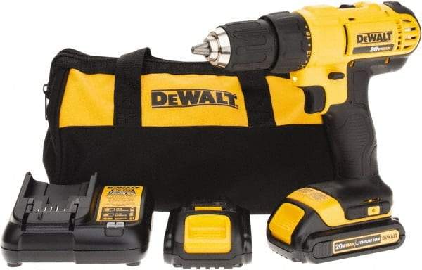 DeWALT - 20 Volt 1/2" Chuck Pistol Grip Handle Cordless Drill - 0-450 & 0-1500 RPM, Single-Sleeve Ratcheting Chuck, Reversible, 2 Lithium-Ion Batteries Included - Top Tool & Supply