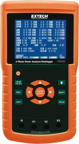 Extech - 3 Phase, 600 VAC, 200 to 3,000 Amp Capability, 45 to 65 Hz Calibration, LCD Display Power Meter - 0.5% Current Accuracy, 0.5% Voltage Accuracy - Top Tool & Supply