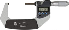 Mitutoyo - 2 to 3 Inch Range, 0 Inch Resolution, Standard Throat, IP65 Electronic Outside Micrometer - 0.0001 Inch Accuracy, Ratchet Friction Thimble, Rotating Spindle, SR44 Battery, Includes NIST Traceability Certification - Top Tool & Supply