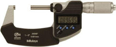 Mitutoyo - 1 to 2 Inch Range, 0 Inch Resolution, Standard Throat, IP65 Electronic Outside Micrometer - 0.0001 Inch Accuracy, Ratchet Friction Thimble, Rotating Spindle, SR44 Battery, Includes NIST Traceability Certification - Top Tool & Supply