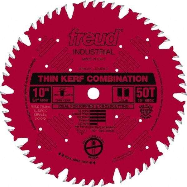 Freud - 10" Diam, 5/8" Arbor Hole Diam, 50 Tooth Wet & Dry Cut Saw Blade - Carbide-Tipped, Combination Action, Standard Round Arbor - Top Tool & Supply