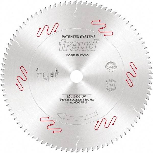 Freud - 12" Diam, 1" Arbor Hole Diam, 90 Tooth Wet & Dry Cut Saw Blade - Carbide-Tipped, Standard Round Arbor - Top Tool & Supply