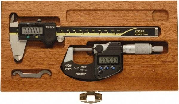 Mitutoyo - 4 Piece, Caliberated Machinist Caliper and Micrometer Tool Kit - 0 to 6 Inch Caliper, 0.0005 Inch Caliper Resoluion, 0 to 1 Inch Micrometer, 0.0001 Inch Graduation, 0.0005 Inch Resoluion - Top Tool & Supply