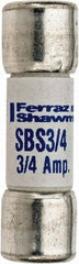 Ferraz Shawmut - 600 VAC, 0.75 Amp, Fast-Acting Ferrule Fuse - Clip Mount, 1-3/8" OAL, 100 at AC kA Rating, 13/32" Diam - Top Tool & Supply