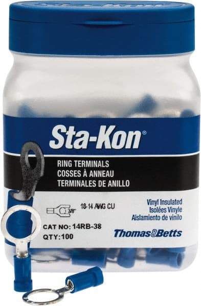 Thomas & Betts - 18-14 AWG Partially Insulated Crimp Connection D Shaped Ring Terminal - 3/8" Stud, 1.16" OAL x 0.54" Wide, Tin Plated Copper Contact - Top Tool & Supply