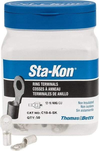 Thomas & Betts - 12-10 AWG Noninsulated Crimp Connection D Shaped Ring Terminal - #6 Stud, 0.82" OAL x 0.31" Wide, Tin Plated Copper Contact - Top Tool & Supply