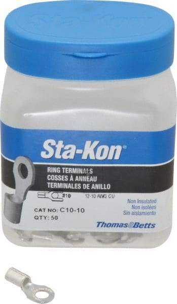 Thomas & Betts - 12-10 AWG Noninsulated Crimp Connection D Shaped Ring Terminal - #10 Stud, 0.85" OAL x 0.38" Wide, Tin Plated Copper Contact - Top Tool & Supply