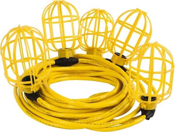 Value Collection - 5 Socket, 4 Conductor, 125 VAC, 15 Amp, Temporary String Light - 50' SJTW-A Cord, Yellow, Plastic, Includes Lamp Guard - Top Tool & Supply