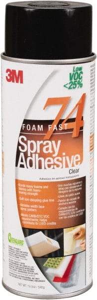 3M - 24 oz Aerosol Clear Spray Adhesive - High Tack, 200°F Heat Resistance, 50 Sq Ft Coverage, Medium Strength Bond, 30 min Max Bonding Time, Flammable, Series 74 - Top Tool & Supply