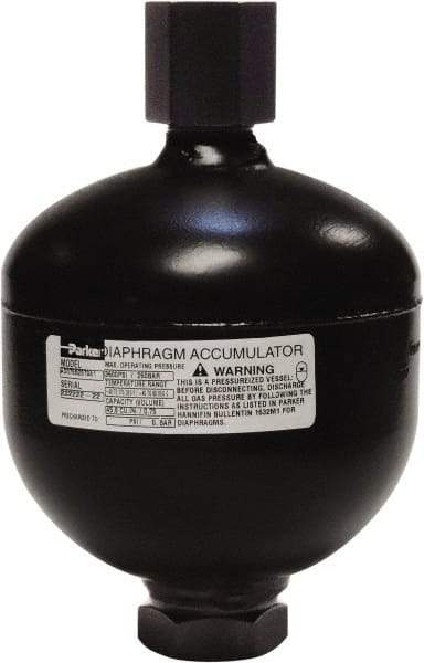 Parker - 85 Lb. Capacity, 3,620 psi Max Working Pressure, 7.95" High, Hydrin Diaphragm Accumulator - 5.98" Diam, 8 SAE Port Thread - Top Tool & Supply