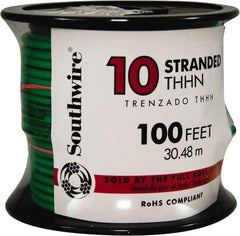 Southwire - THHN/THWN, 10 AWG, 30 Amp, 100' Long, Stranded Core, 19 Strand Building Wire - Green, Thermoplastic Insulation - Top Tool & Supply