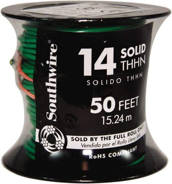 Southwire - THHN/THWN, 14 AWG, 15 Amp, 100' Long, Solid Core, 1 Strand Building Wire - Green, Thermoplastic Insulation - Top Tool & Supply