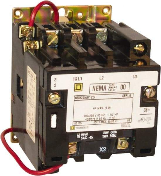 Square D - 2 Pole, 110 Coil VAC at 50 Hz and 120 Coil VAC at 60 Hz, 18 Amp NEMA Contactor - Open Enclosure, 50 Hz at 110 VAC and 60 Hz at 120 VAC - Top Tool & Supply