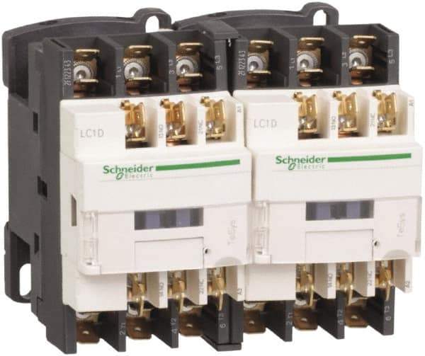 Schneider Electric - 3 Pole, 24 Coil VAC at 50/60 Hz, 12 Amp at 440 VAC, Reversible IEC Contactor - 1 Phase hp: 1 at 115 VAC, 2 at 230/240 VAC, 3 Phase hp: 10 at 575/600 VAC, 3 at 200/208 VAC, 3 at 230/240 VAC, 7.5 at 460/480 VAC - Top Tool & Supply