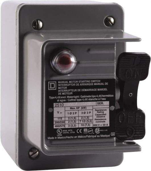 Square D - 2 Poles, 30 Amp, NEMA, Enclosed Toggle Manual Motor Starter - 1 hp at 90 VDC, 1-1/2 hp at 230 VDC, 2 hp at 115 VAC, 2 hp at 115 VDC, 2 hp at 230 VAC, 3 hp at 460 VAC & 3 hp at 575 VAC, CE, CSA, NEMA 4 & UL Listed - Top Tool & Supply