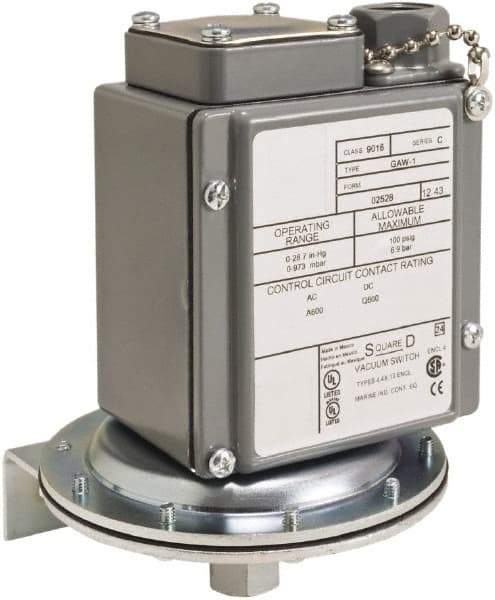 Square D - 4, 13 and 4X NEMA Rated, DPDT, 1 to 40 psi, Vacuum Switch Pressure and Level Switch - Adjustable Pressure, 120 VAC, 125 VDC, 240 VAC, 250 VDC, Screw Terminal - Top Tool & Supply