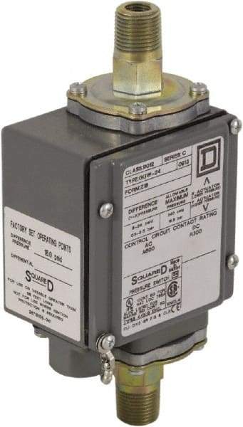 Square D - 4, 13 and 4X NEMA Rated, DPDT, 175 psi, Electromechanical Pressure and Level Switch - Adjustable Pressure, 120 VAC at 6 Amp, 125 VDC at 0.22 Amp, 240 VAC at 3 Amp, 250 VDC at 0.11 Amp, 1/4 Inch Connector, Screw Terminal, For Use with 9012G - Top Tool & Supply