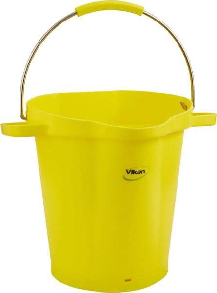 Vikan - 5 Gal, 18" High, Polypropylene Round Yellow Single Pail with Pour Spout - Handle Included, 15.4mm Top Length x 18.9" Top Width x 18.9" Top Diam - Top Tool & Supply