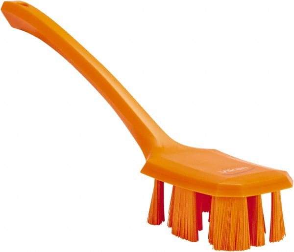 Vikan - 2-3/4" Bristle Length, Polyester Scrub Brush - 12" Long x 2-7/8" Wide Head, 15-1/2" OAL, Long Handle, Orange, Polypropylene Block - Top Tool & Supply