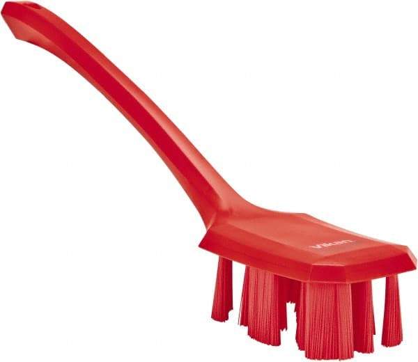 Vikan - 2-3/4" Bristle Length, Polyester Scrub Brush - 12" Long x 2-7/8" Wide Head, 15-1/2" OAL, Long Handle, Red, Polypropylene Block - Top Tool & Supply