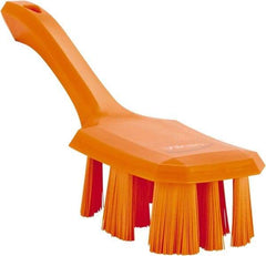 Vikan - 2-3/4" Bristle Length, Polyester Scrub Brush - 8" Long x 2-7/8" Wide Head, 10" OAL, Short Handle, Orange, Polypropylene Block - Top Tool & Supply