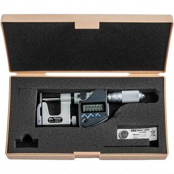 Mitutoyo - 0 to 1" Range, 0.00005" Resolution, Interchangeable Anvil Type Throat IP65 Electronic Outside Micrometer - 0.0002" Accuracy, Friction Thimble, Carbide-Tipped Face, SR44 Battery - Top Tool & Supply