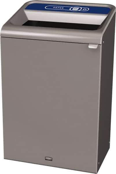 Rubbermaid - 33 Gal Gray Rectangle Decorative Indoor Single Stream Waste Receptacle - Metal, Paper Graphic, 37.965" High x 24.051" Long x 19-1/2" Wide, Lid Included - Top Tool & Supply